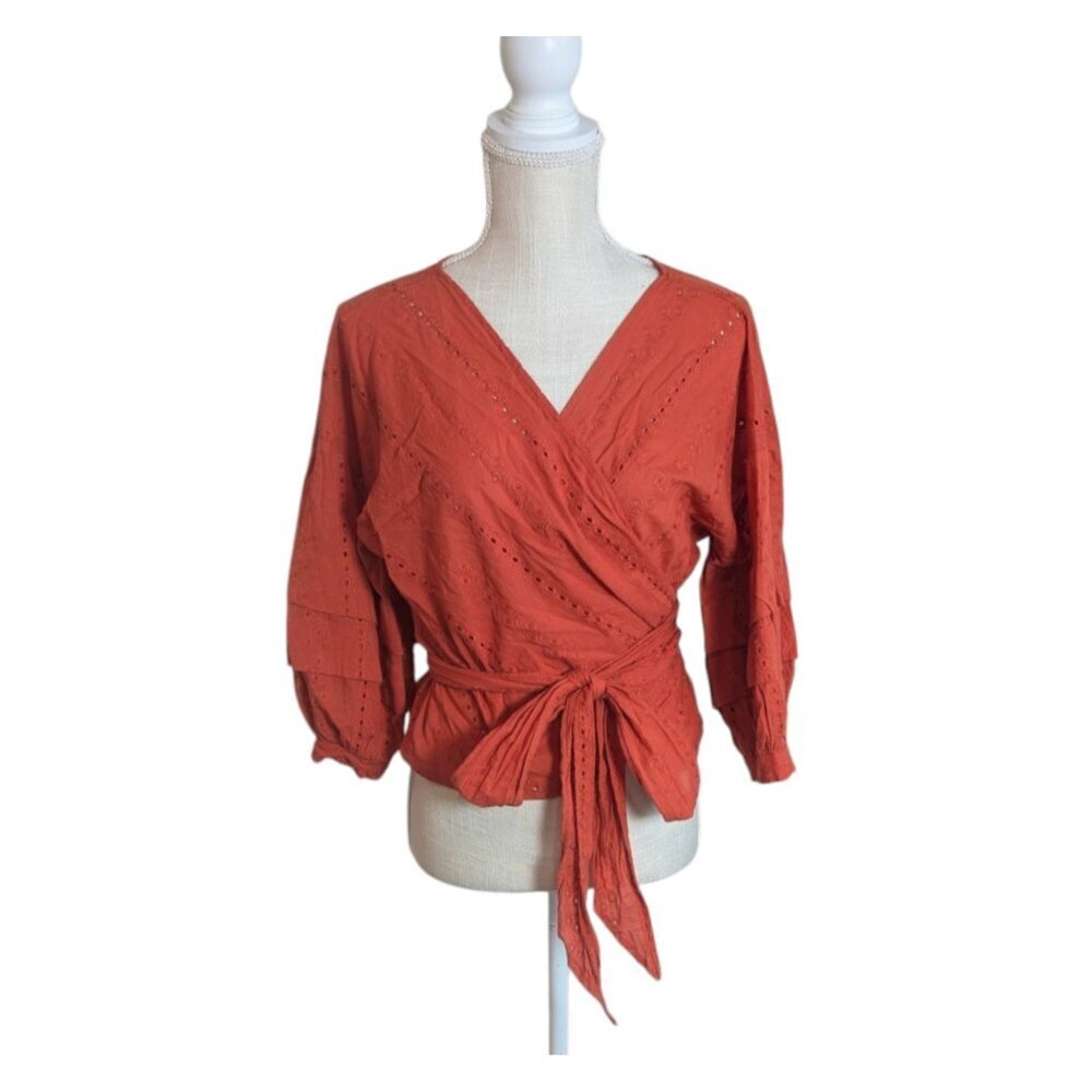 Forever 21 Rust Orange Eyelet Puff Sleeve Wrap Top Small